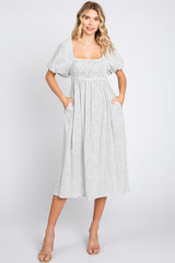 Ivory Striped Linen Smocked Short Puff Sleeve Midi Dress