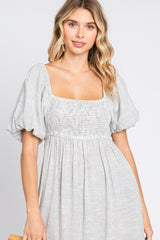 Ivory Striped Linen Smocked Short Puff Sleeve Midi Dress