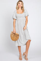 Ivory Striped Linen Smocked Short Puff Sleeve Midi Dress