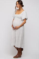 Ivory Striped Linen Smocked Short Puff Sleeve Maternity Midi Dress