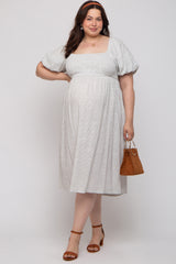 Ivory Striped Linen Smocked Short Puff Sleeve Maternity Plus Midi Dress