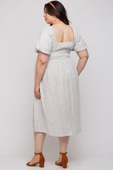 Ivory Striped Linen Smocked Short Puff Sleeve Maternity Plus Midi Dress