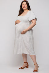 Ivory Striped Linen Smocked Short Puff Sleeve Maternity Plus Midi Dress