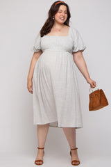 Ivory Striped Linen Smocked Short Puff Sleeve Maternity Plus Midi Dress