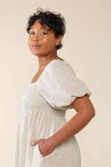 Ivory Striped Linen Smocked Short Puff Sleeve Plus Midi Dress