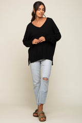 Black Knit V-Neck Long Sleeve Top