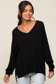 Black Knit V-Neck Long Sleeve Top