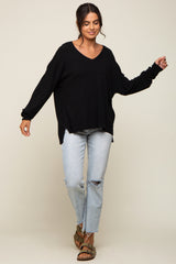 Black Knit V-Neck Long Sleeve Top