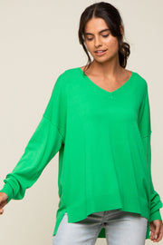 Green Knit V-Neck Long Sleeve Top