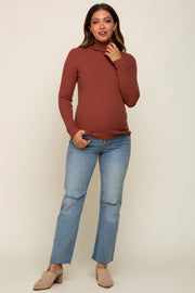 Camel Ribbed Fitted Long Sleeve Maternity Top