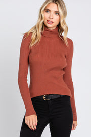 Camel Ribbed Fitted Long Sleeve Top