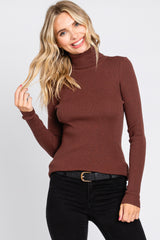 Brown Ribbed Fitted Long Sleeve Top