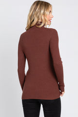 Brown Ribbed Fitted Long Sleeve Top