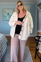 Beige Colorblock Fleece Maternity Shirt Jacket