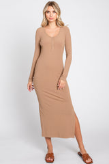 Mocha Ribbed Front Button Long Sleeve Maternity Midi Dress