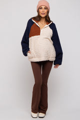 Ivory Colorblock Oversized Fleece Maternity Pullover Top