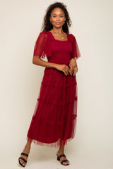 Burgundy Ruffled Mesh Maternity Maxi Dress