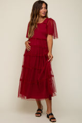 Burgundy Ruffled Mesh Maternity Maxi Dress