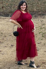 Burgundy Ruffled Mesh Maternity Maxi Dress