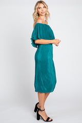 Forest Green Pleated Rib Off Shoulder Dress