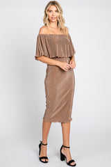 Mocha Pleated Rib Off Shoulder Dress