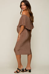 Mocha Pleated Rib Off Shoulder Maternity Dress