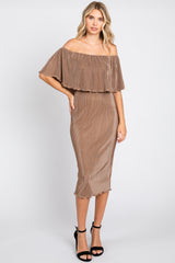 Mocha Pleated Rib Off Shoulder Maternity Dress