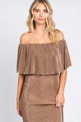 Mocha Pleated Rib Off Shoulder Dress