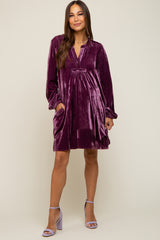 Plum V-Neck Velvet Maternity Dress