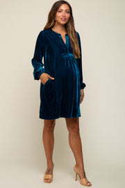 Teal V-Neck Velvet Maternity Dress