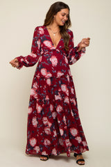 Burgundy Floral Chiffon V-Neck Lettuce Edge Tiered Maternity Maxi Dress