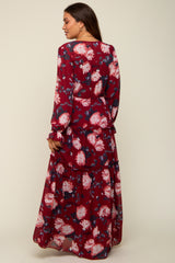 Burgundy Floral Chiffon V-Neck Lettuce Edge Tiered Maternity Maxi Dress