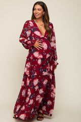 Burgundy Floral Chiffon V-Neck Lettuce Edge Tiered Maternity Maxi Dress