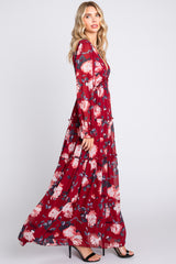 Burgundy Floral Chiffon V-Neck Lettuce Edge Tiered Maxi Dress