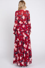 Burgundy Floral Chiffon V-Neck Lettuce Edge Tiered Maxi Dress