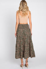 Olive Leaf Print Side Slit Midi Skirt