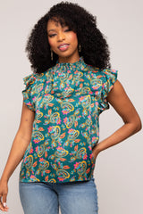 Forest Green Paisley Satin Smocked Neck Blouse