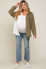 Olive Color Block Corduroy Button Down Maternity Top