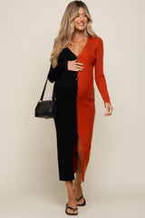 Black Rust Colorblock Ribbed Button Down Maternity Dress