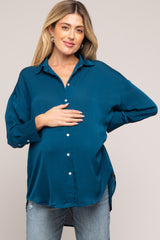 Dark Teal Striped Button Up Maternity Top