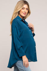 Dark Teal Striped Button Up Maternity Top