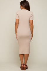 Taupe Collared Button Front Ribbed Maternity Midi Dress