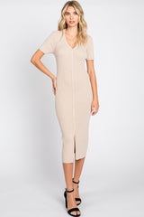 Taupe Collared Button Front Ribbed Maternity Midi Dress