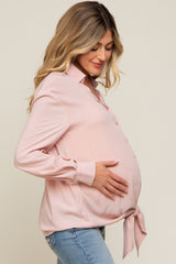 Pink Collared Button Down Knotted Maternity Shirt