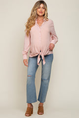 Pink Collared Button Down Knotted Maternity Shirt