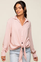 Pink Collared Button Down Knotted Maternity Shirt