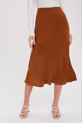 Camel Satin Midi Skirt