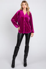 Magenta Velvet Button Fron Collared Blouse