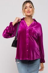 Magenta Velvet Button Front Collared Maternity Blouse