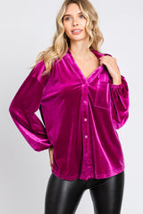 Magenta Velvet Button Front Collared Maternity Blouse